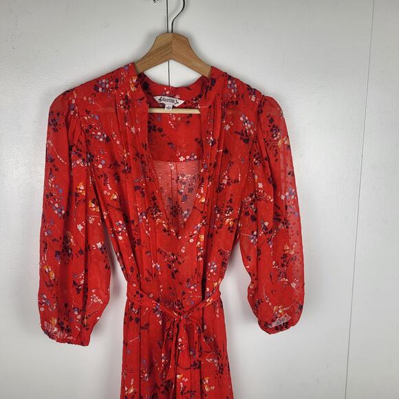 Nanette Lepore Pleated Floral Red Midi Dress Waist Tie | Medium 8 - Picture 3 of 10